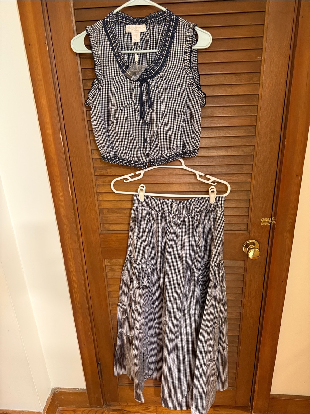 Caroline Constas Navy Gingham eyelet Sleeveless Top and Tiered Skirt Set